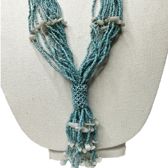 Light Ocean Blue Necklace Sea Shell Seed Beads Multi Strand Statement Tassel - Picture 4 of 7